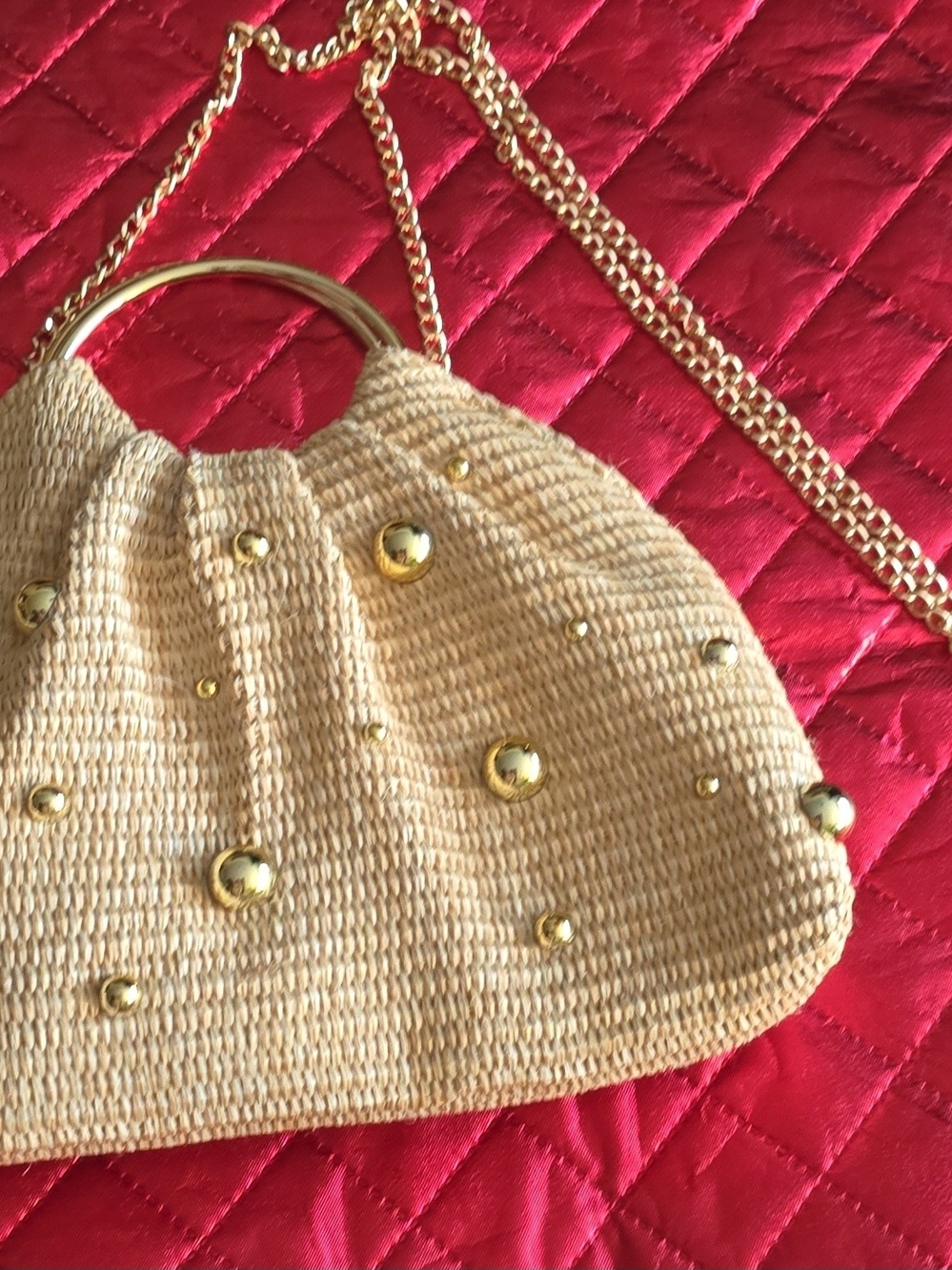 Woven Straw Crossbody Bag with Gold Studs and Chain